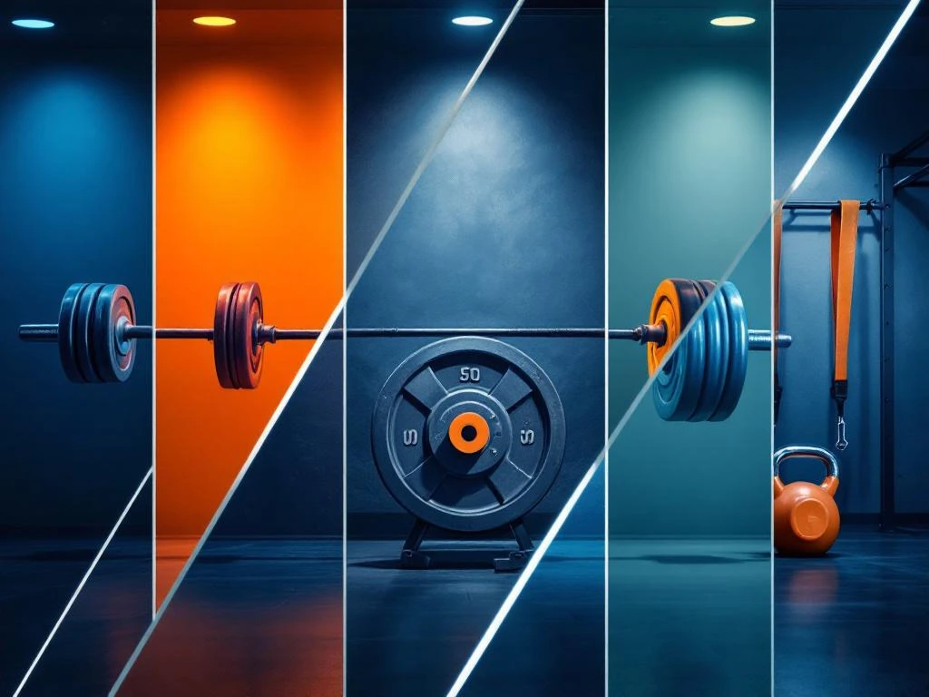 Vijf verschillende fitnessapparaten inclusief halters, kettlebell en weerstandsbanden in moderne sportschool setting