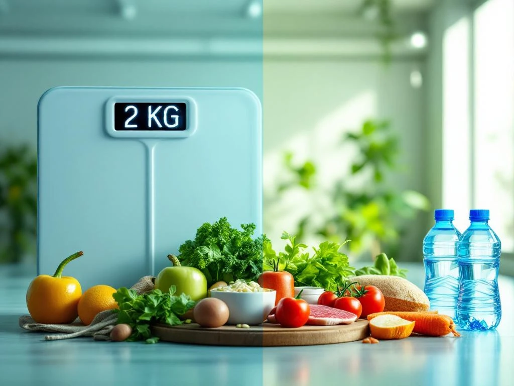 Digitale weegschaal toont 2 KG naast weekkalender, omringd door groene groenten, eiwitten en waterflessen in fitnessruimte