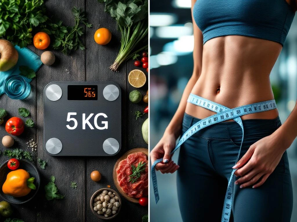 Weegschaal toont 5 kg gewichtsverlies naast gezonde voeding en meetlint rond slanke taille in moderne sportschool