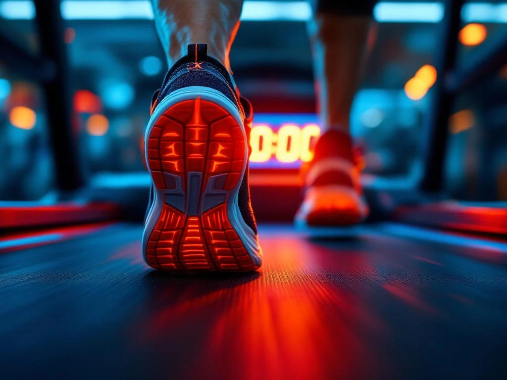 Atletische hardloopschoenen in beweging op moderne loopband met 30:00 timer, oranje-blauwe verlichting