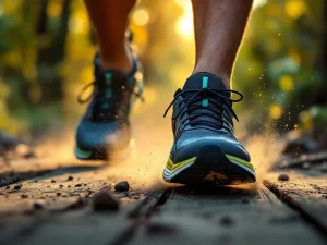 Hardloopschoenen in beweging op bospad tijdens gouden uur, met stofwolkjes en onscherpe groene achtergrond