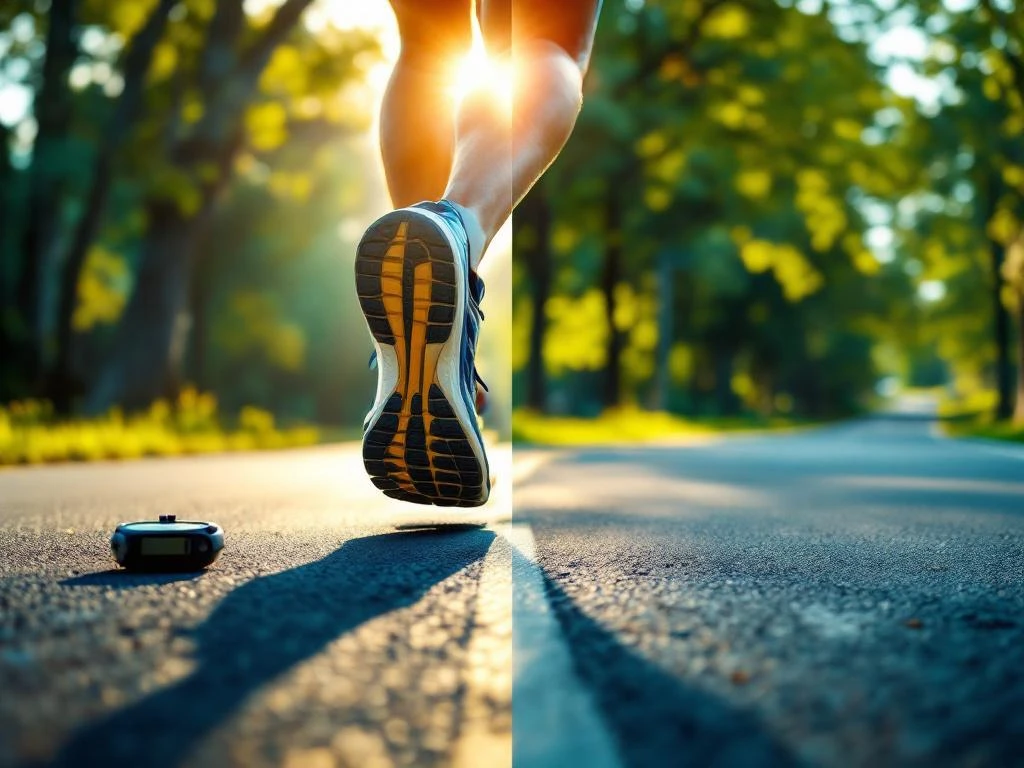 Hardloper in sportkleding op startlijn met stopwatch, 5km parcours strekt zich uit door groen park met afstandsmarkeringen