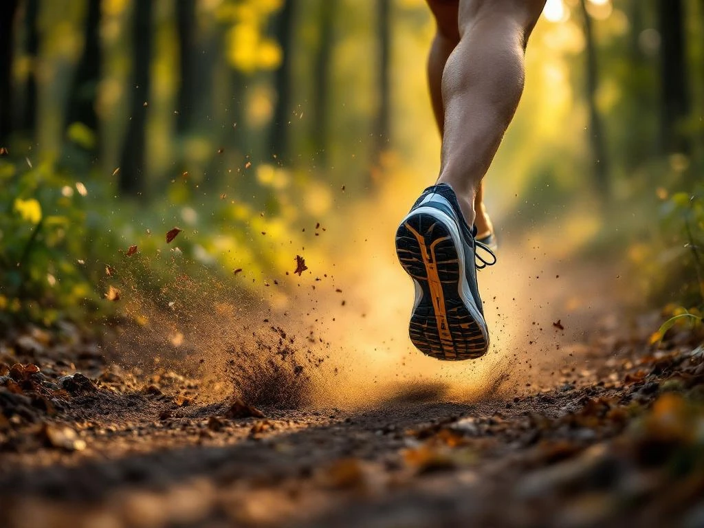 Atletische benen in hardloopschoenen rennen op bospad met opwaaiende bladeren in gouden ochtendlicht