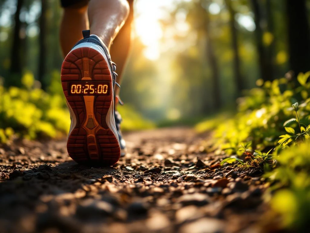 Hardloopschoenen in beweging op bospad met digitale stopwatch die 25 minuten toont, ochtendlicht door bomen