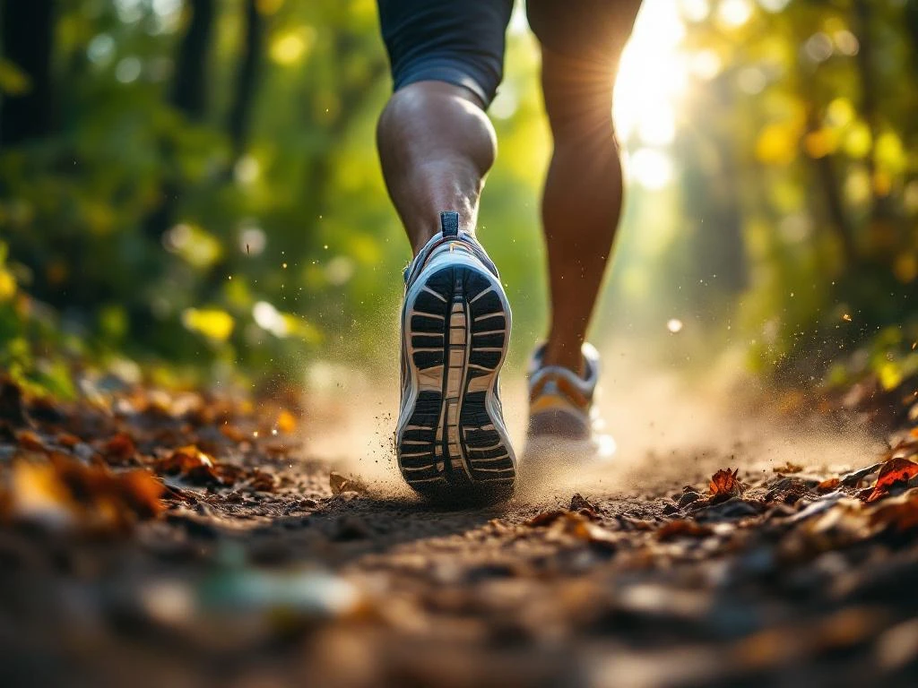 Atletische hardloopschoenen in beweging op bospad met opspattend vuil en bladeren in zonlicht