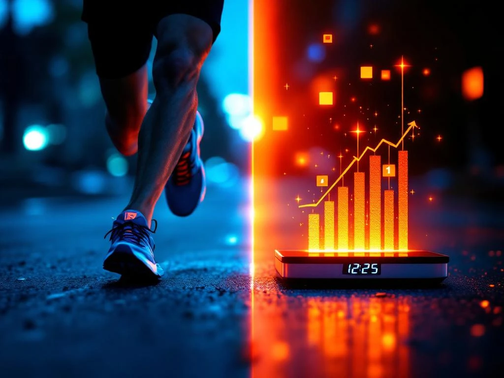 Rennende benen in beweging naast digitale weegschaal met dalende cijfers, gewichtsverlies en fitness concept