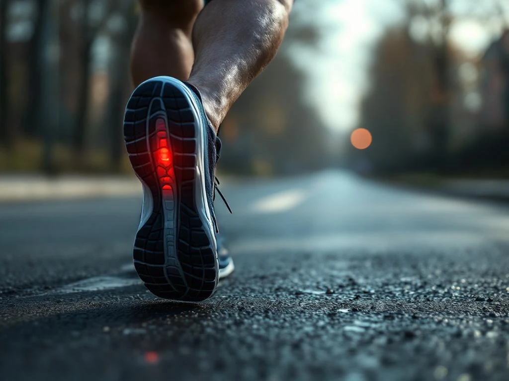 Hardloper met knieblessure en versleten hardloopschoenen tijdens het rennen op asfalt