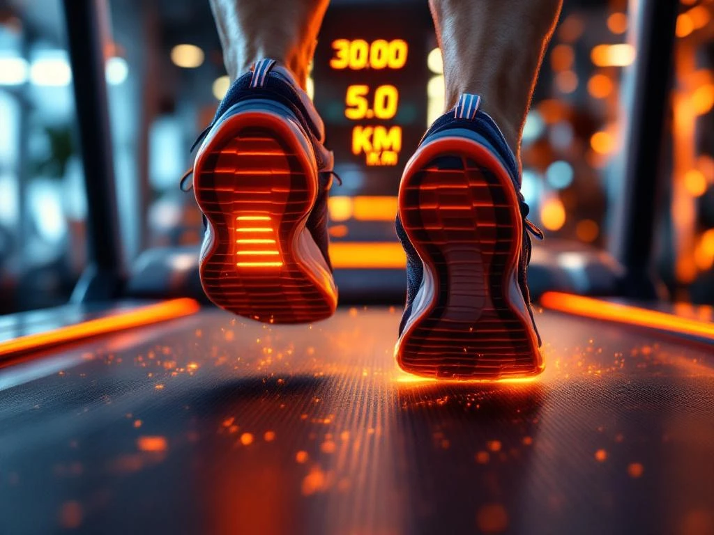 Hardloopschoenen op loopband met display van 30:00 minuten en 5.0 KM, fitnessapparatuur op achtergrond in sportschool