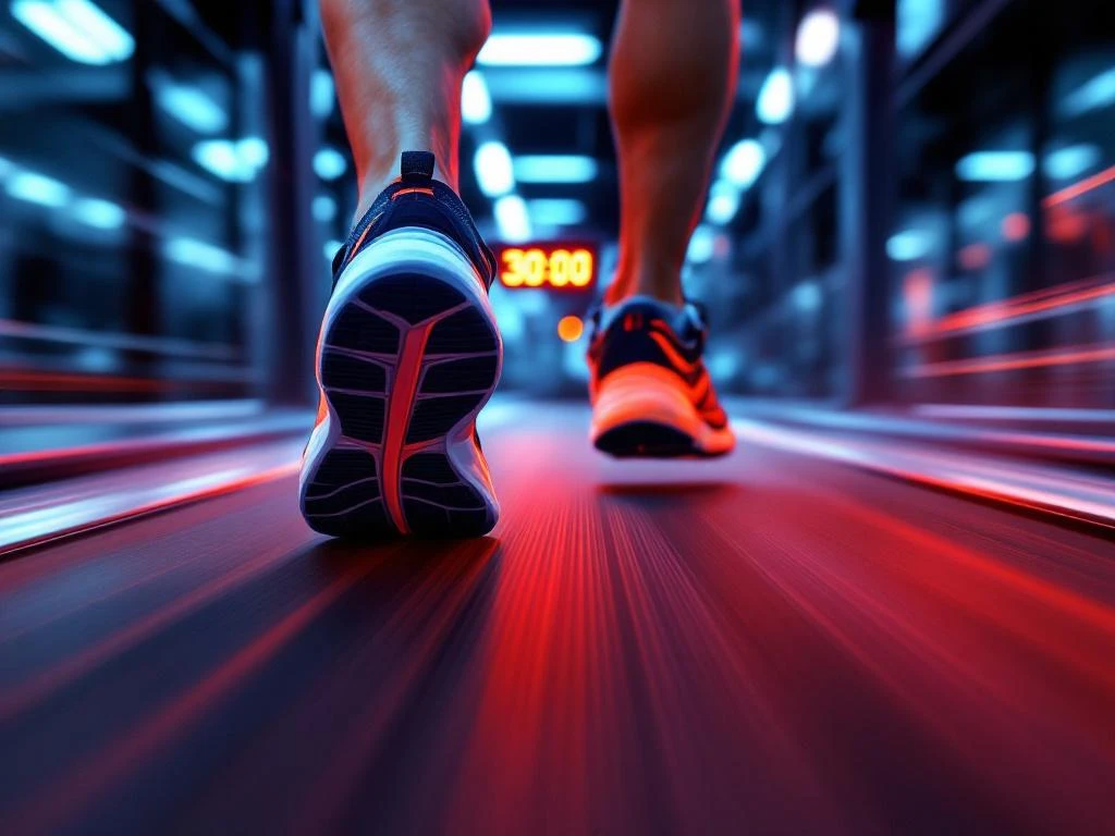 Atletische hardloopschoenen in beweging op loopband met 30:00 timer display in moderne sportschool