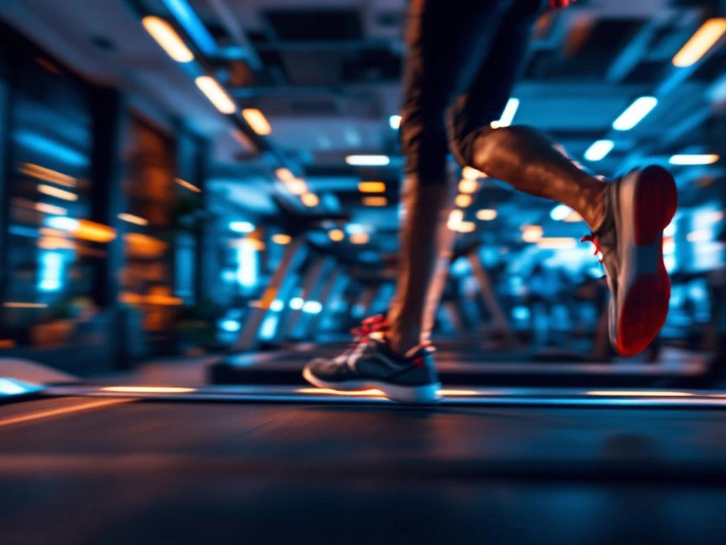 Atletische benen in beweging op loopband in moderne sportschool met dramatische verlichting en fitnessapparatuur