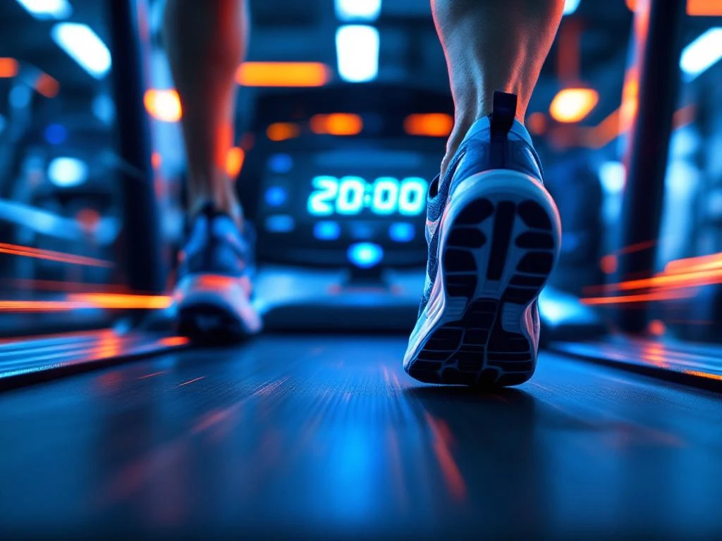 Atletische hardloopschoenen in beweging op loopband met digitale timer 20:00 in moderne sportschool