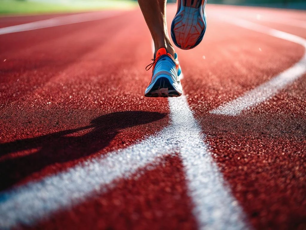 Hardloopschoenen in beweging op rode atletiekbaan met witte lijnen, motion blur toont snelheid en kracht