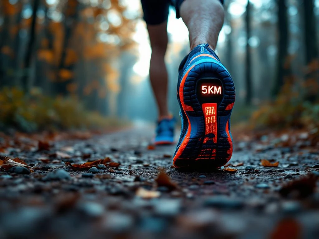 Hardloopschoenen in beweging op bospad met fitnesstracker die 5KM toont, herfstbladeren en dramatische belichting