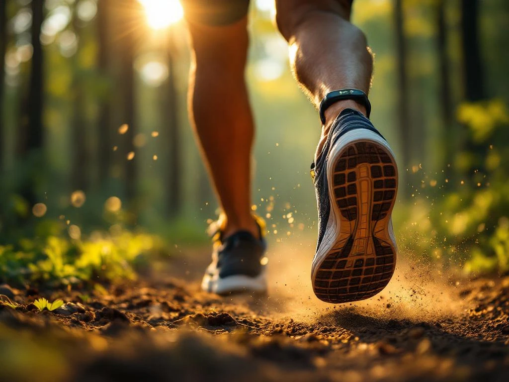 Hardloopschoenen in beweging op bospad met zonlicht en opwaaiend stof, gedefinieerde beenspieren zichtbaar