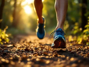 Hardloopschoenen in beweging op bospad tijdens gouden uur, benen in 80% extensie voor duurzame looptechniek
