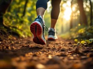 Hardloopschoenen in beweging op bospad met ochtendlicht door bomen, ideaal voor beginnende lopers