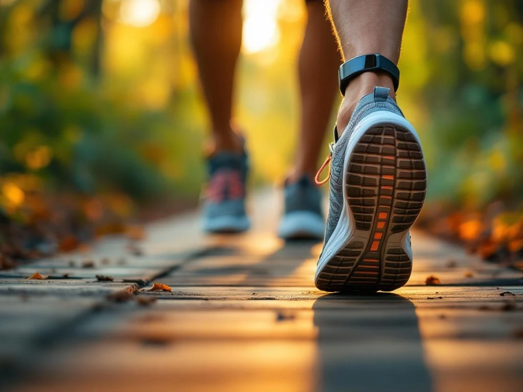 Hardloopschoenen op bospad tijdens gouden uur met smartwatch zichtbaar op pols van atleet