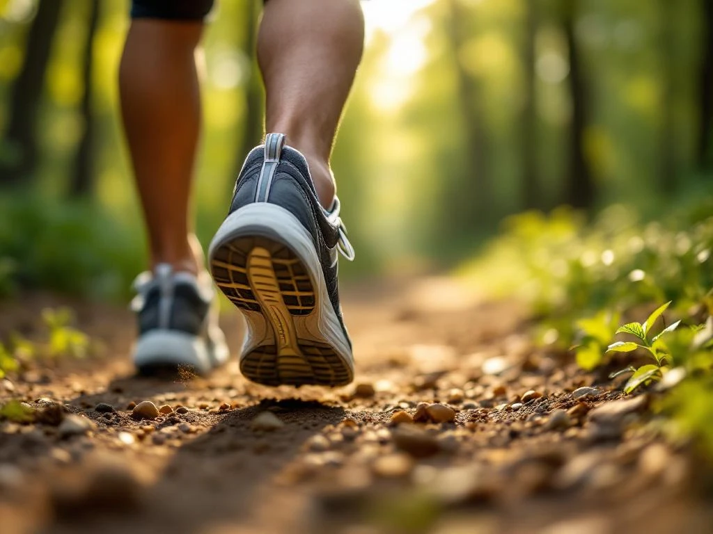 Moderne hardloopschoenen in beweging op bospad met zonlicht, kilometer marker op achtergrond