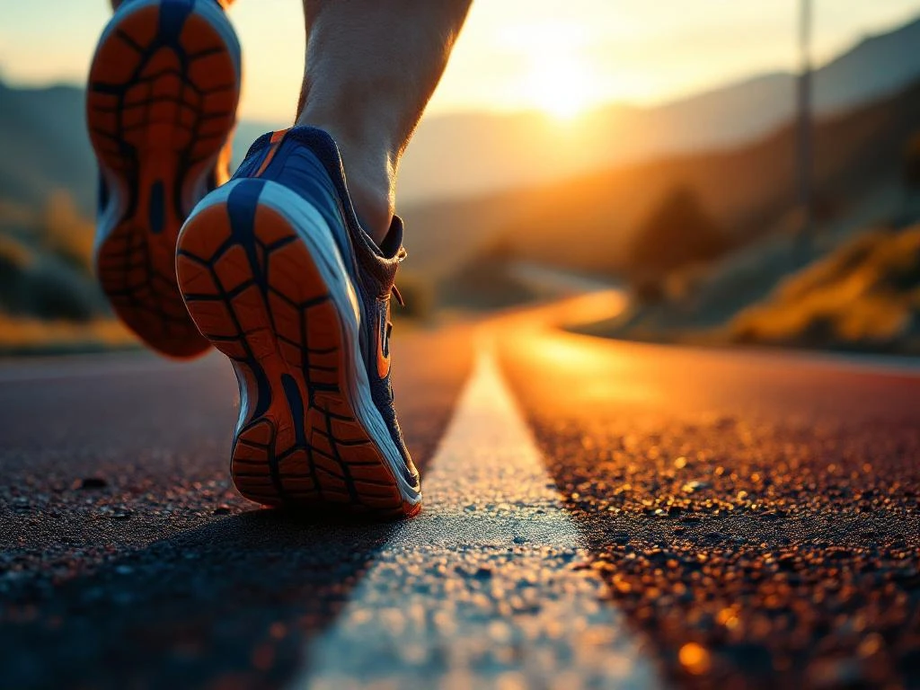 Atletische hardloopschoenen aan startlijn van atletiekbaan, één voet opgeheven, bergpad op achtergrond