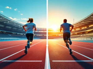 Twee hardlopers op atletiekbaan: ontspannen jogger links, sprintende atleet rechts met bewegingsonscherpte
