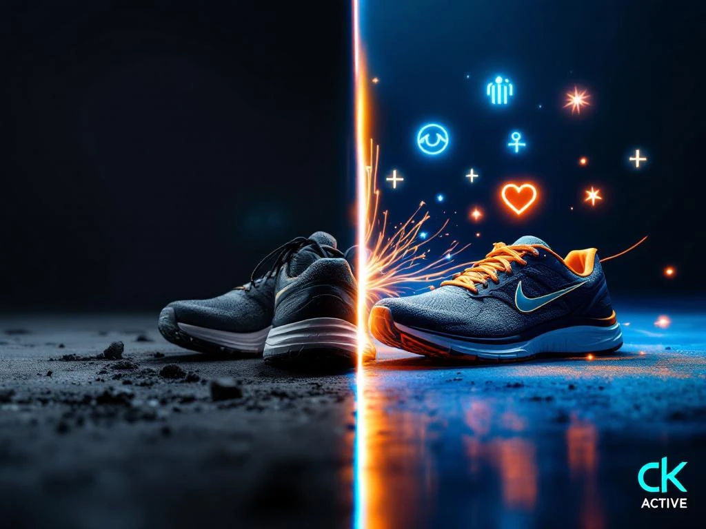 Gesplitst scherm toont transformatie door hardlopen: versleten hardloopschoenen links donker, rechts helder met gezondheidssymbolen