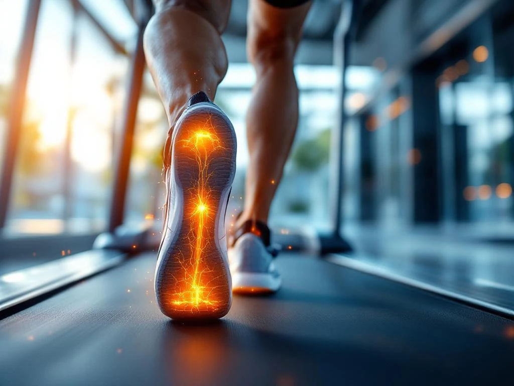 Atletische benen in beweging tijdens hardlopen met visuele vetverbrandingseffecten rond buikgebied in moderne fitnessruimte