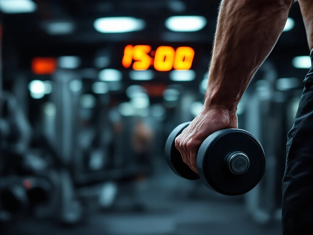 Gespierde handen grijpen zwarte halters in moderne sportschool, digitale klok toont 15:00, krachtraining workout