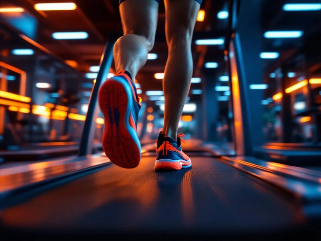 Atletische benen rennen op moderne loopband in professionele sportschool met oranje en blauwe verlichting
