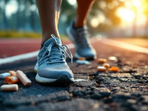 Versleten hardloopschoenen op gebarsten asfalt met pijnstillende gel en verband, waarschuwing voor overbelasting bij sporten