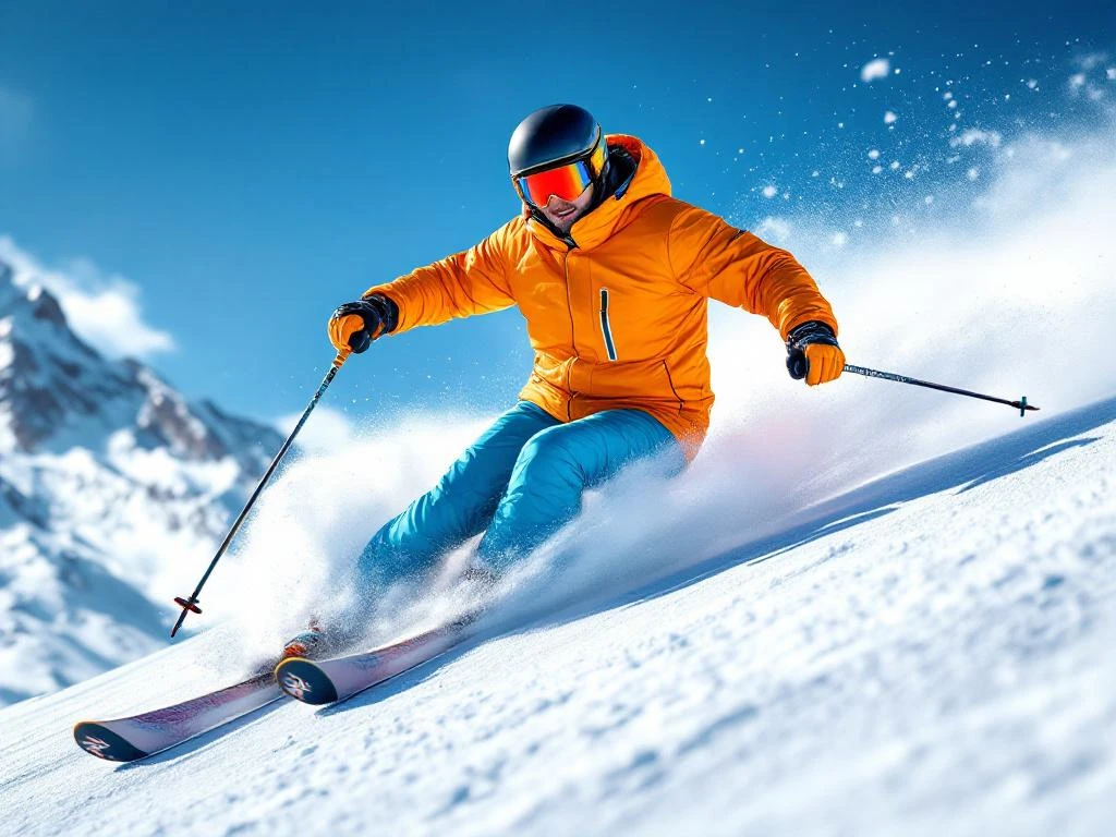 Plus-sized skiër in kleurrijke winterkleding maakt zelfverzekerde bocht op besneeuwde helling met bergtoppen op achtergrond