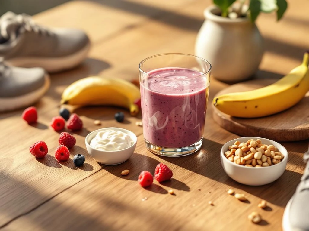 Houten tafel met post-workout voeding: paarse smoothie, verse bessen, banaan, Griekse yoghurt, noten en sportschoenen