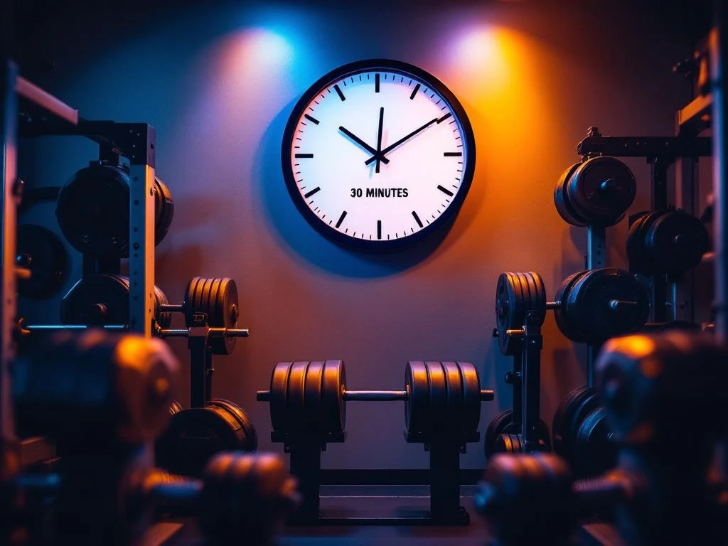 Wandklok toont 30 minuten in moderne sportschool met halters, gewichtenrek en professionele fitnessapparatuur