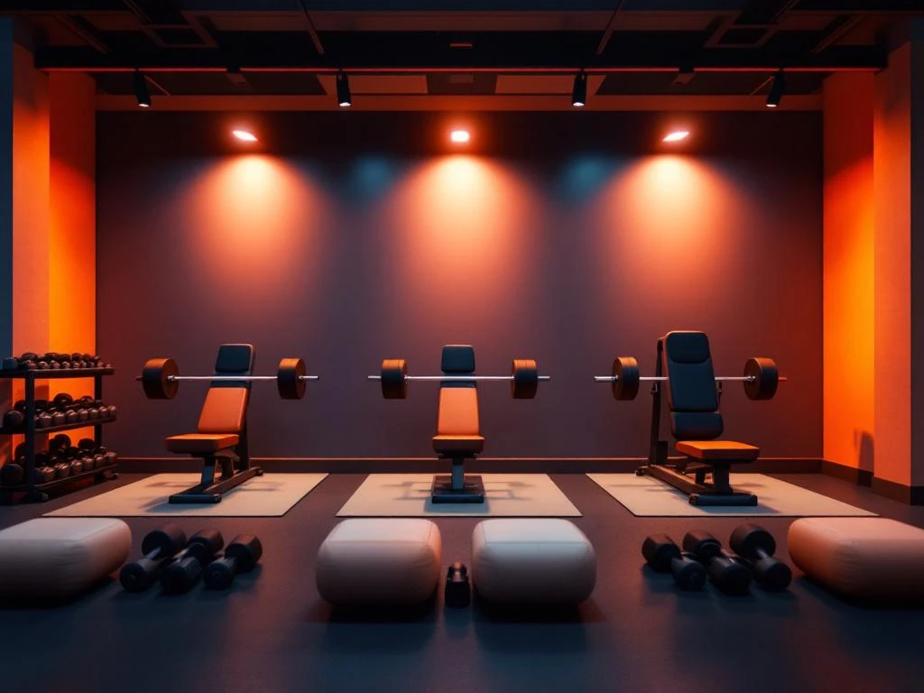 Professionele sportschool met drie trainingsstations: dumbbells, barbells en krachtapparaten in moderne setting