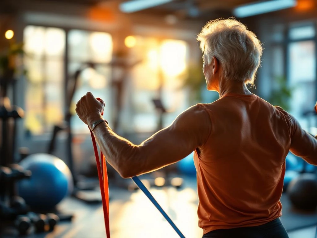 Actieve senior traint met weerstandsbanden in moderne privé-sportschool met natuurlijk licht en professionele apparatuur