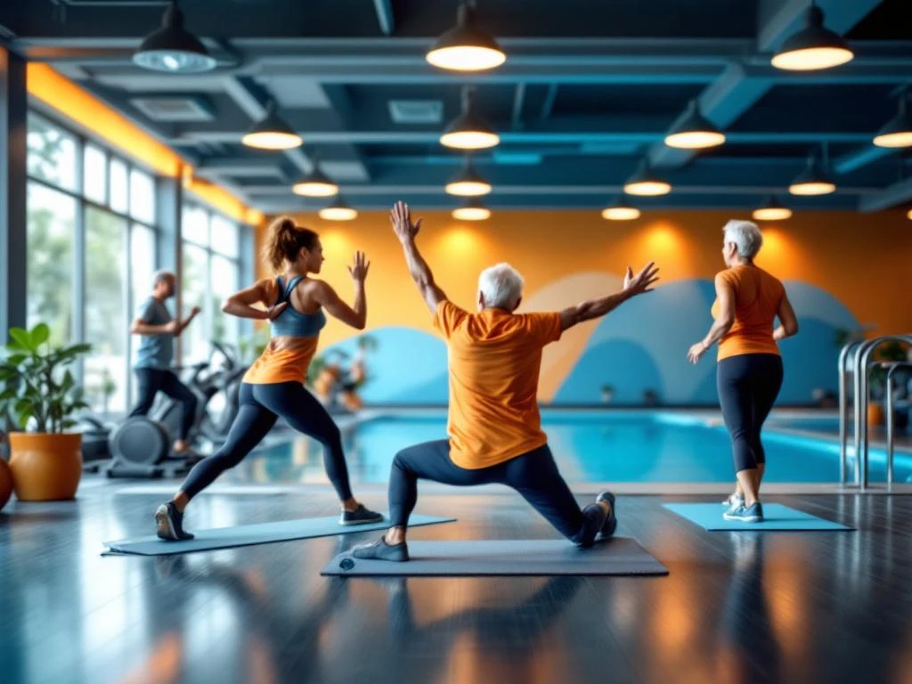 Actieve senioren doen yoga, krachttraining en zwemmen in moderne fitnessruimte met warme verlichting