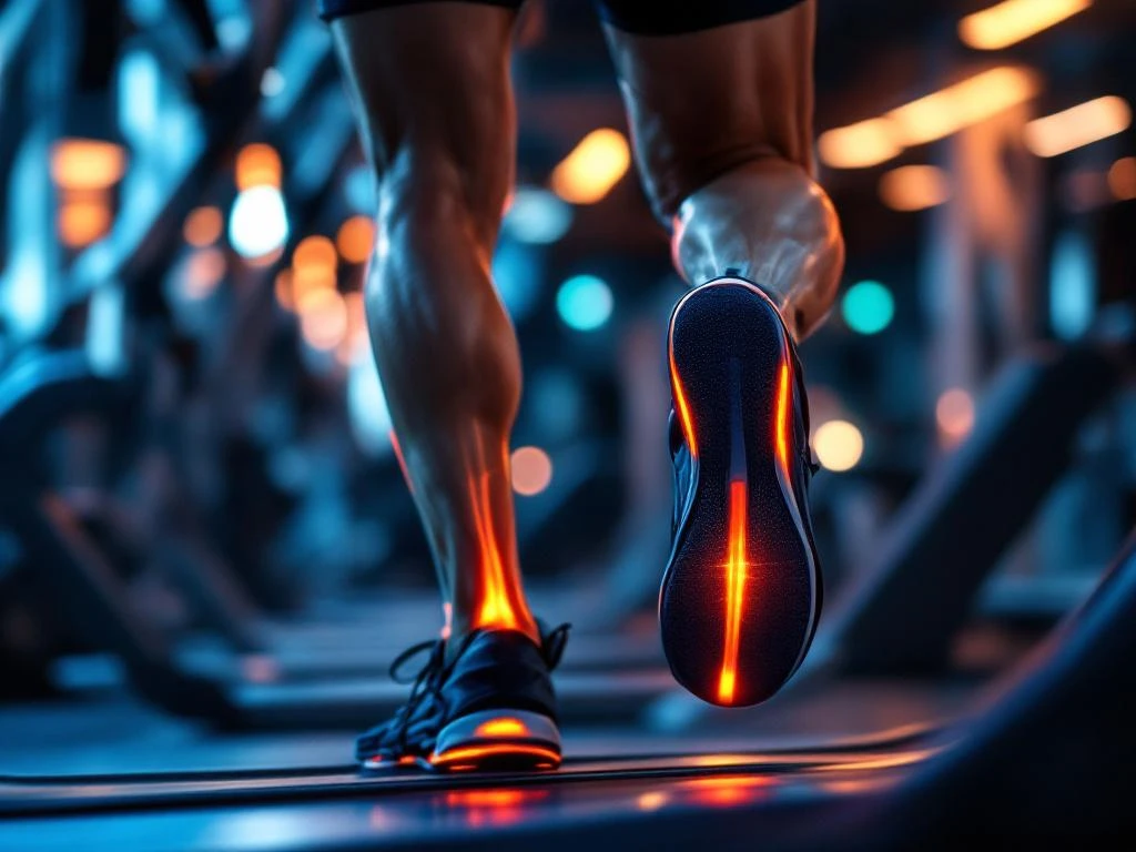 Atleet traint benen op ski-fitnessapparaat in moderne sportschool, gedefinieerde spieren zichtbaar in beweging