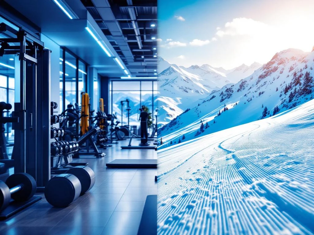 Ski-fitness training splitscreen: sportschool met halters en balansboards links, besneeuwde berghellingen met skisporen rechts