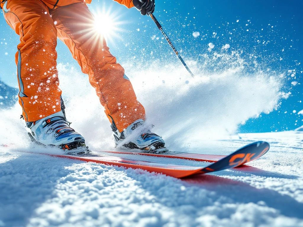 Skiër carveert door poedersneeuw met dramatische sneeuwspray tegen blauwe hemel, benadrukt snelheid en atletiek