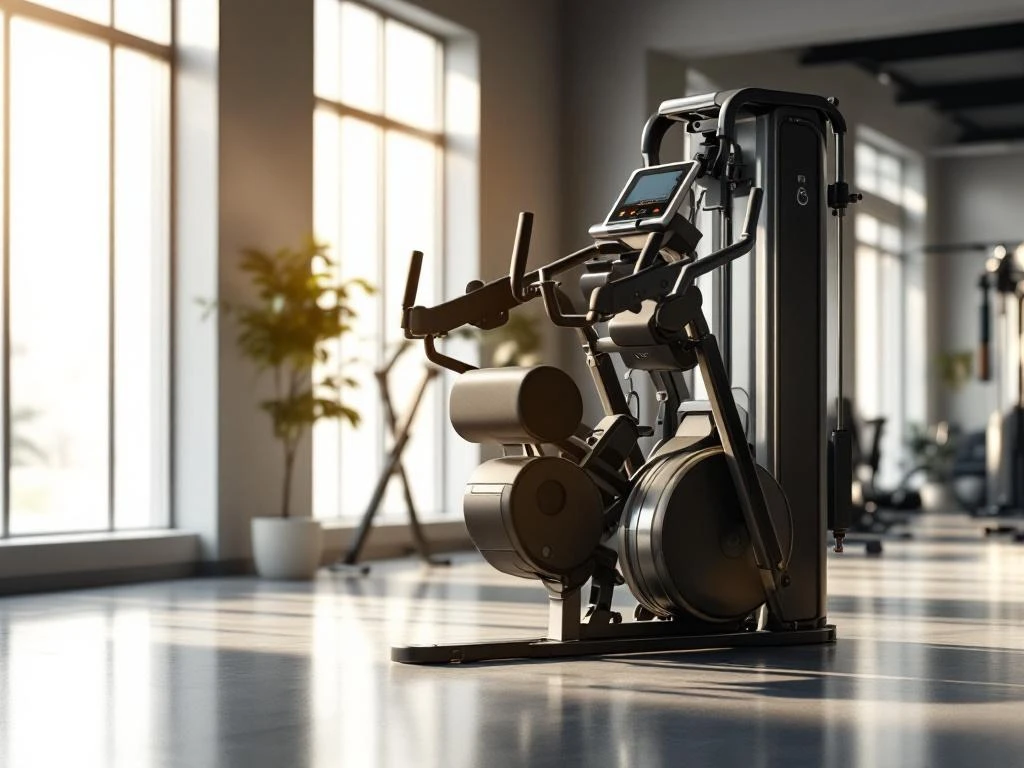 Professionele ski-machine in moderne fitnessruimte met natuurlijk licht en minimalistische inrichting