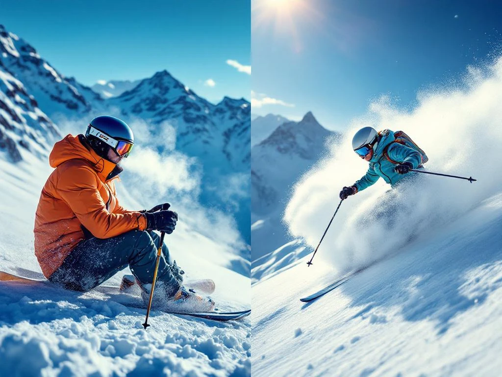 Gesplitst beeld van twee skiërs: uitgeputte skiër zittend in sneeuw versus elegante skiër die door poedersneeuw carvet
