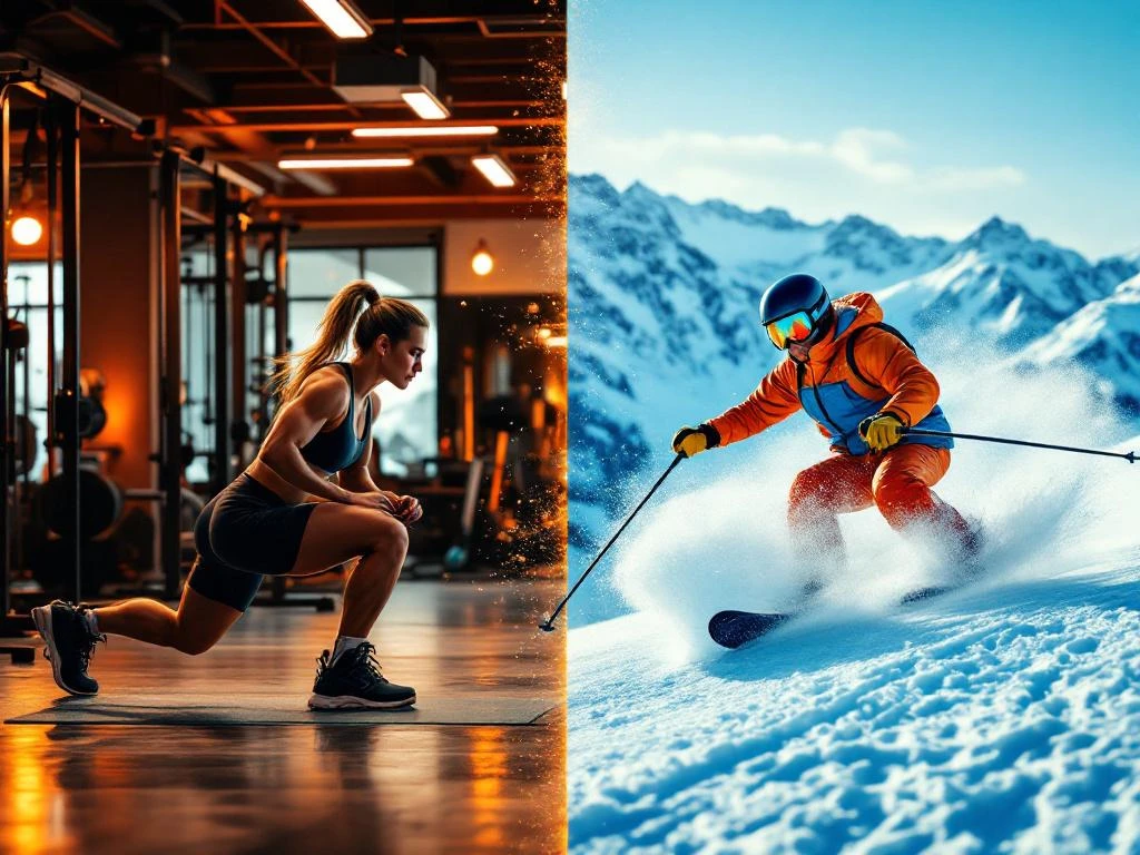 Atleet voert lunges en squats uit in sportschool, overgaand naar skiën in poedersneeuw op berg