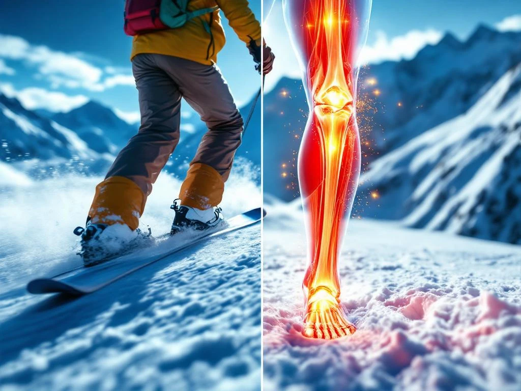 Skiër in beweging op sneeuw naast anatomische illustratie van beenspieren en gewrichten met stressindicatoren