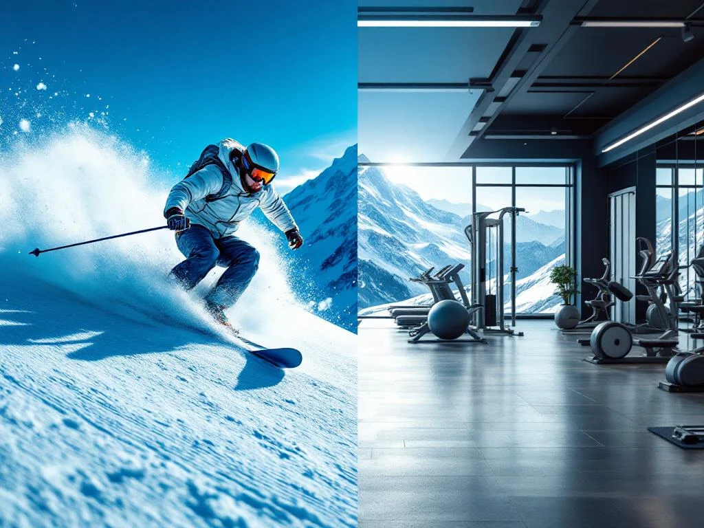 Skiër in actie op besneeuwde helling naast moderne fitnessapparatuur in sportschool, gesplitst beeld in blauw-wit