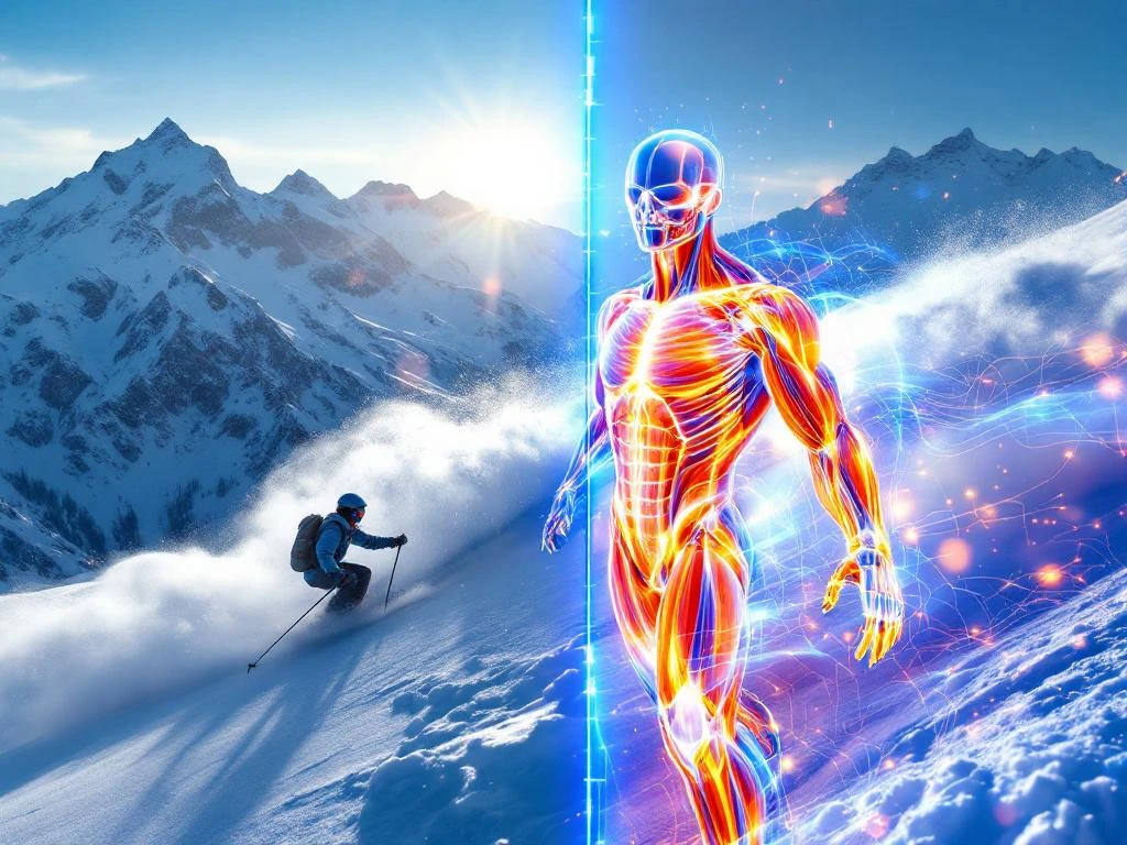 Skiër in actie op besneeuwde berg naast anatomische spiergroepen in blauw en oranje met energielijnen