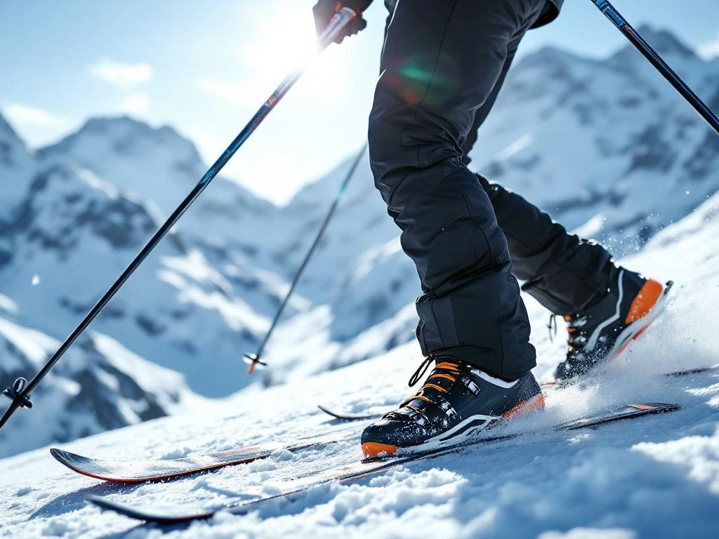 Gespierde benen van skiër in zwarte skibroek met gekruiste ski's op witte sneeuw in alpine omgeving