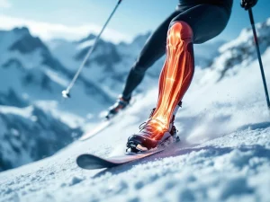 Skiër met spiercompressiekledij daalt besneeuwde helling af, anatomische overlay toont beenspieren in oranje-rood