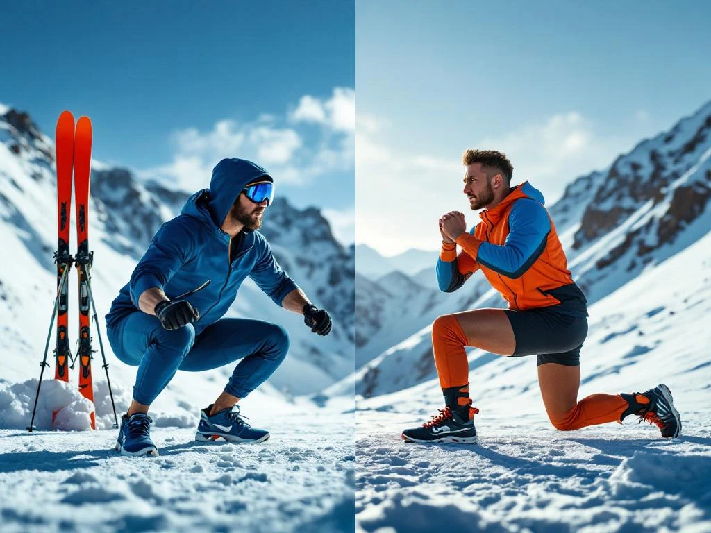 Atleet voert squat en lunge uit in blauwe en oranje sportkleding tegen besneeuwde bergen achtergrond