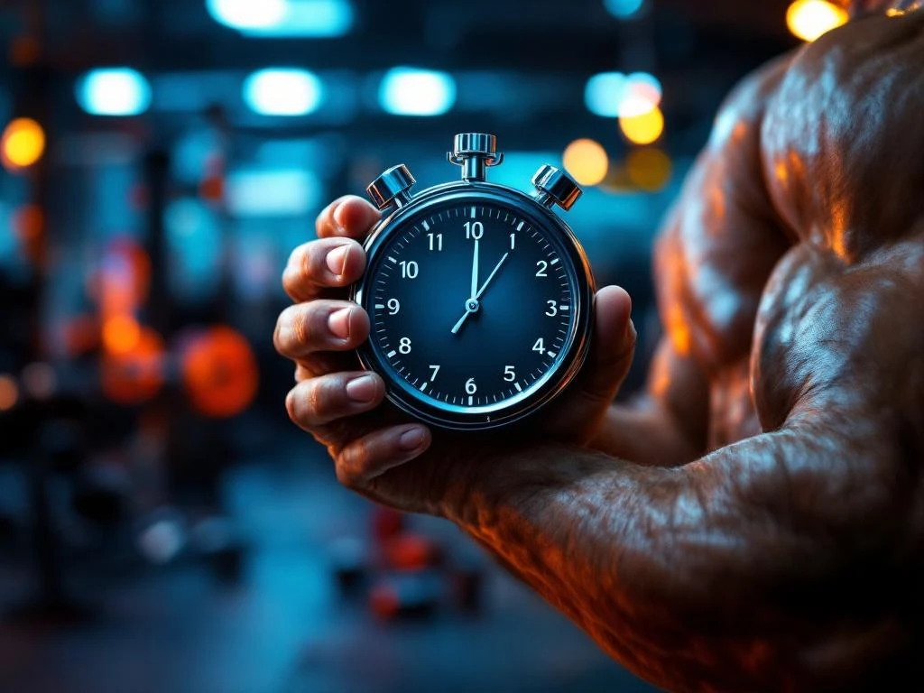 Gespierde arm houdt chromen stopwatch van 10 minuten vast in moderne sportschool met halters op achtergrond