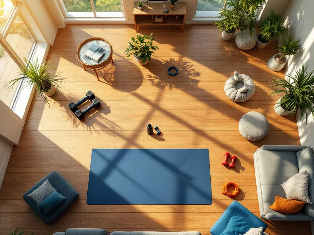 Moderne woonkamer ingericht als thuisfitness ruimte met yogamat, halters en weerstandsbanden op hardhouten vloer