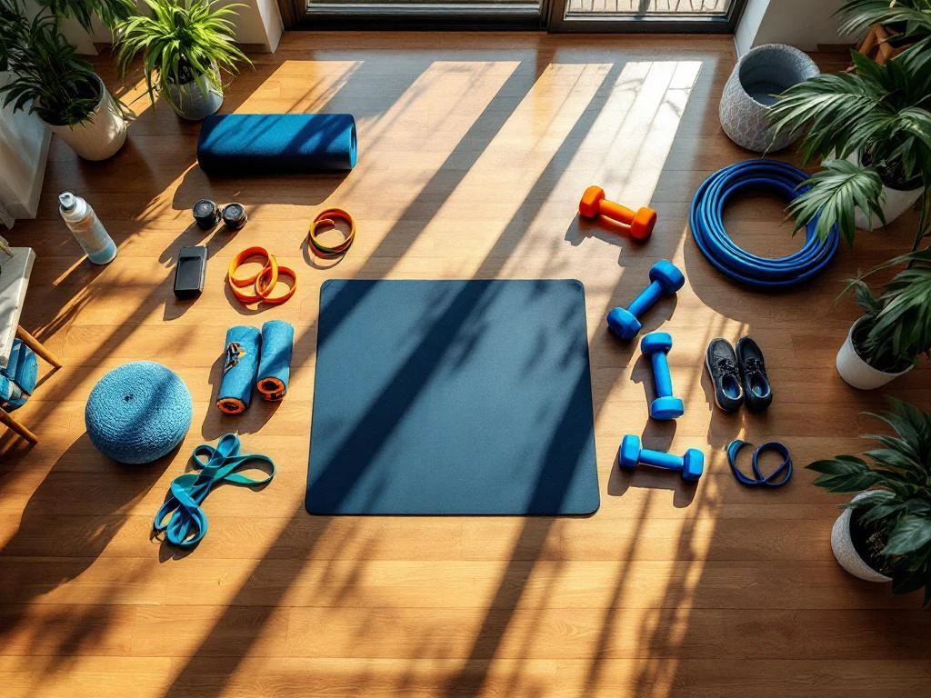 Moderne thuisgym setup met kleurrijke weerstandsbanden, dumbbells en yogamat op houten vloer bij natuurlijk licht